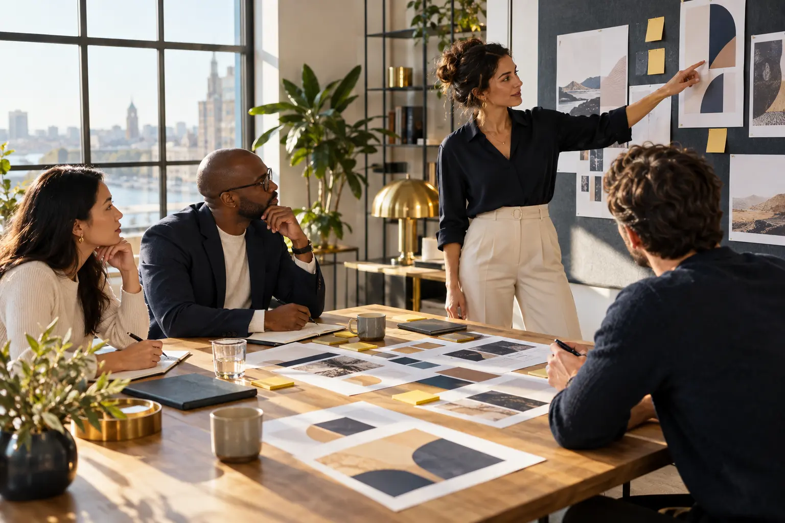 Strategy workshop with a team reviewing printed layouts while a colleague presents at a wall board