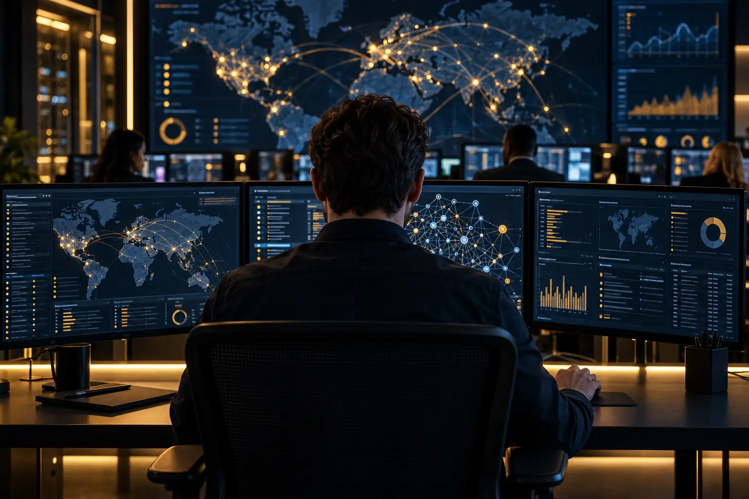 IT services and cybersecurity: an analyst monitoring network maps and threat dashboards
