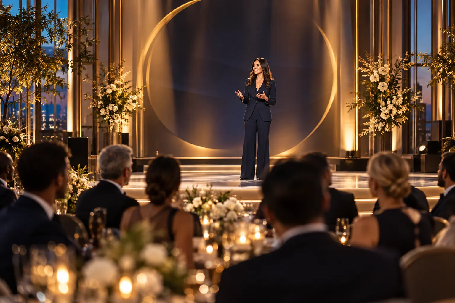 Speaker presenting on a softly lit stage to guests seated at an elegant corporate event