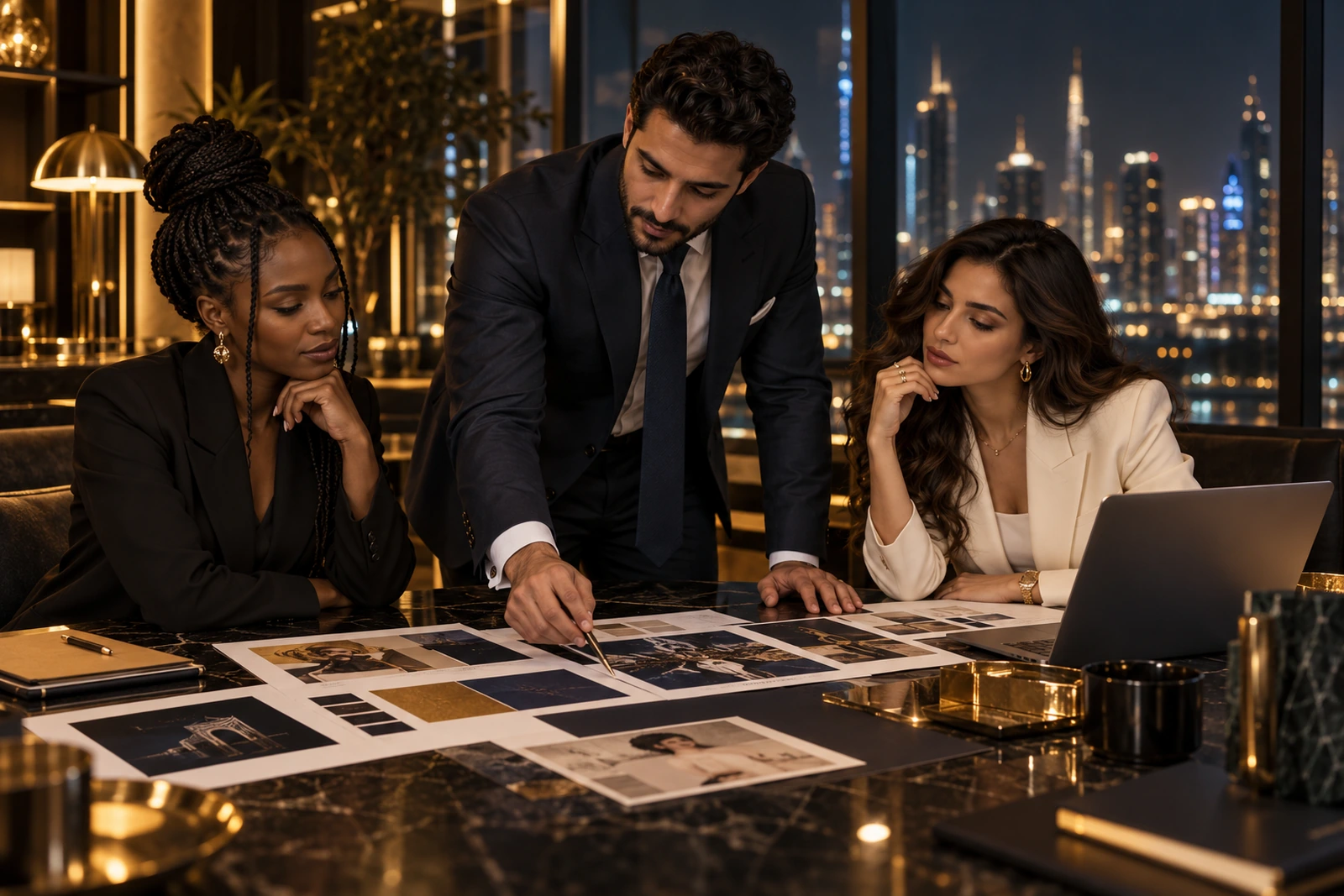 Digital Vision team of African and Middle Eastern professionals reviewing brand designs in a modern office at night