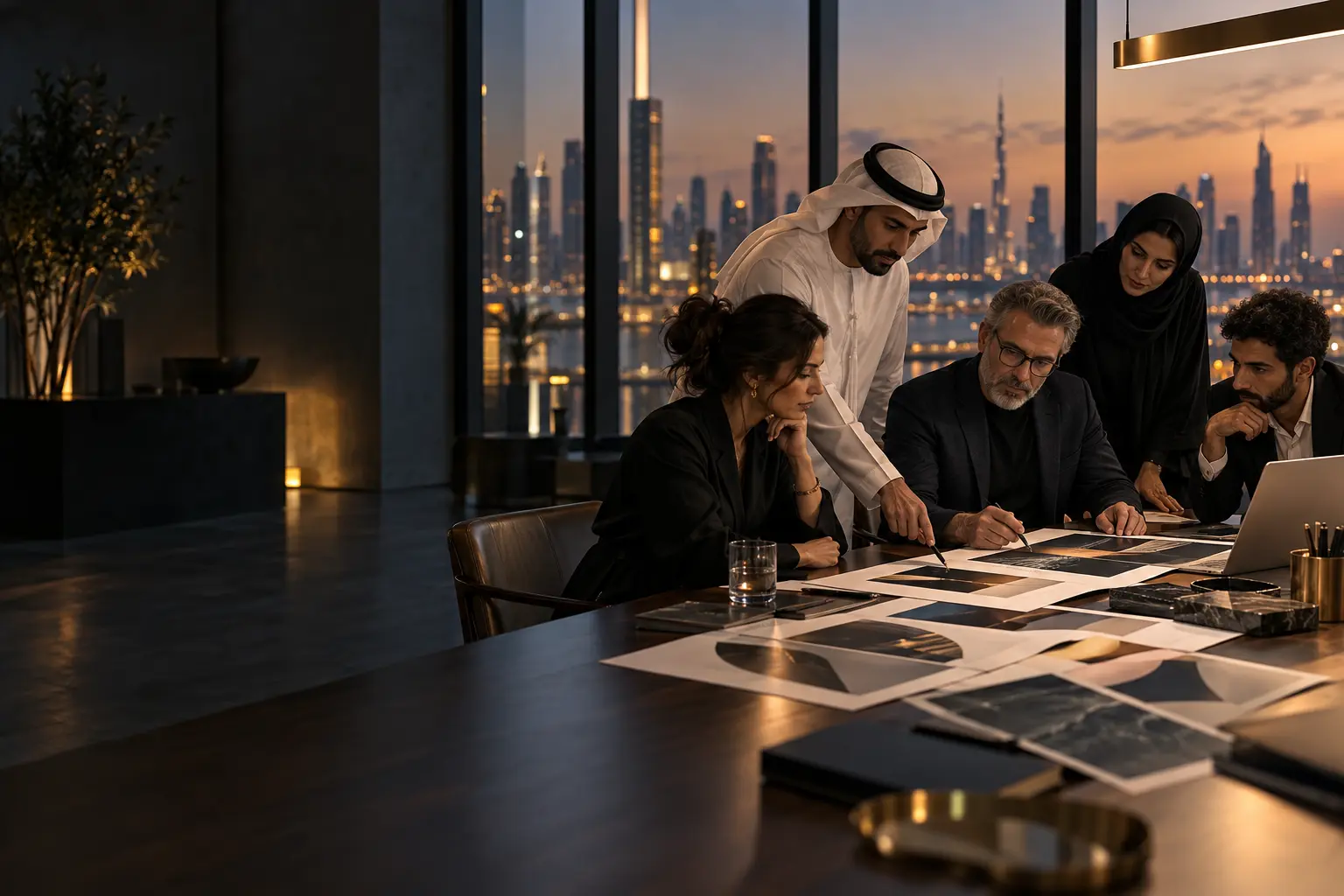 Integrated marketing agency team reviewing printed campaign layouts in a modern studio at dusk