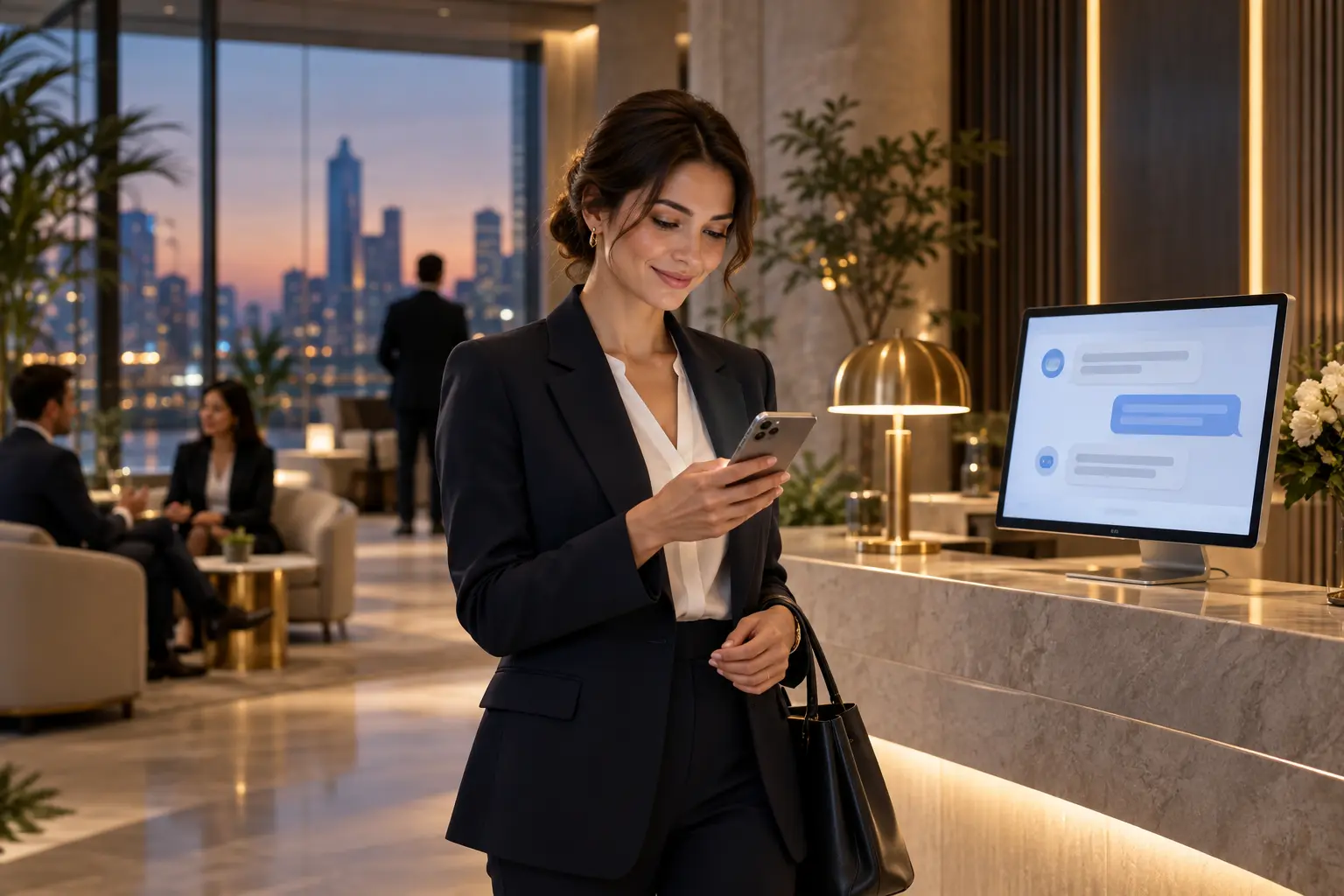 AI agents for business replying to a customer instantly on screen in a modern reception area