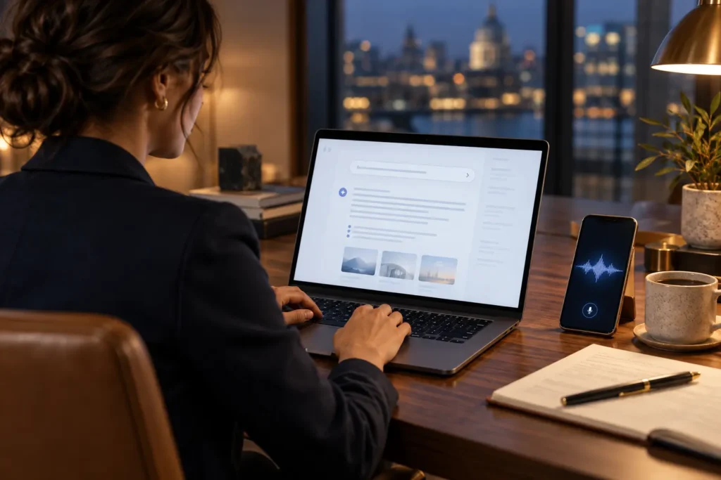 Professional asking an AI assistant a question on a laptop, showing the shift to answer engines