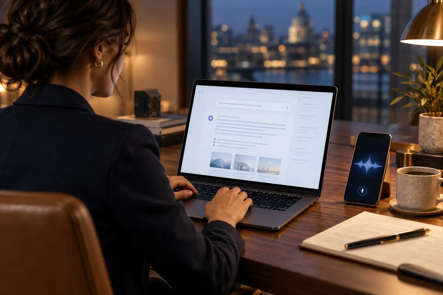 Answer engine optimisation: a professional asking an AI assistant a question on a laptop