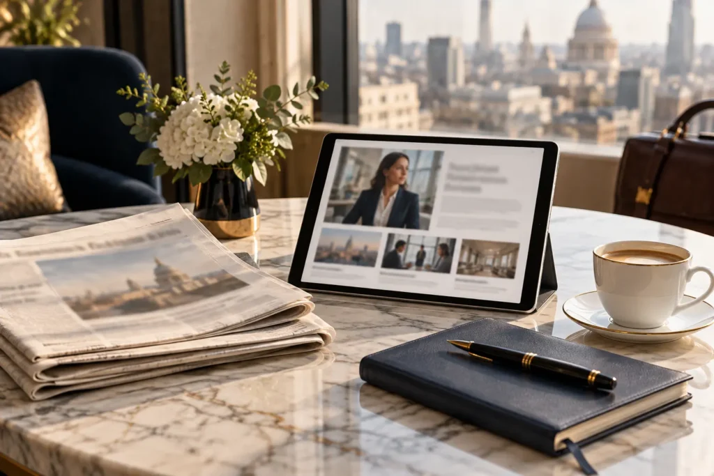 Newspapers, a magazine feature on a tablet and a journalist’s notebook representing earned media coverage