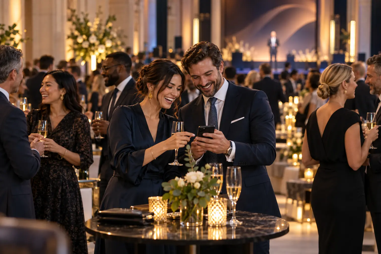 Corporate event planning done right: guests sharing photos and conversation at an elegant reception after a keynote