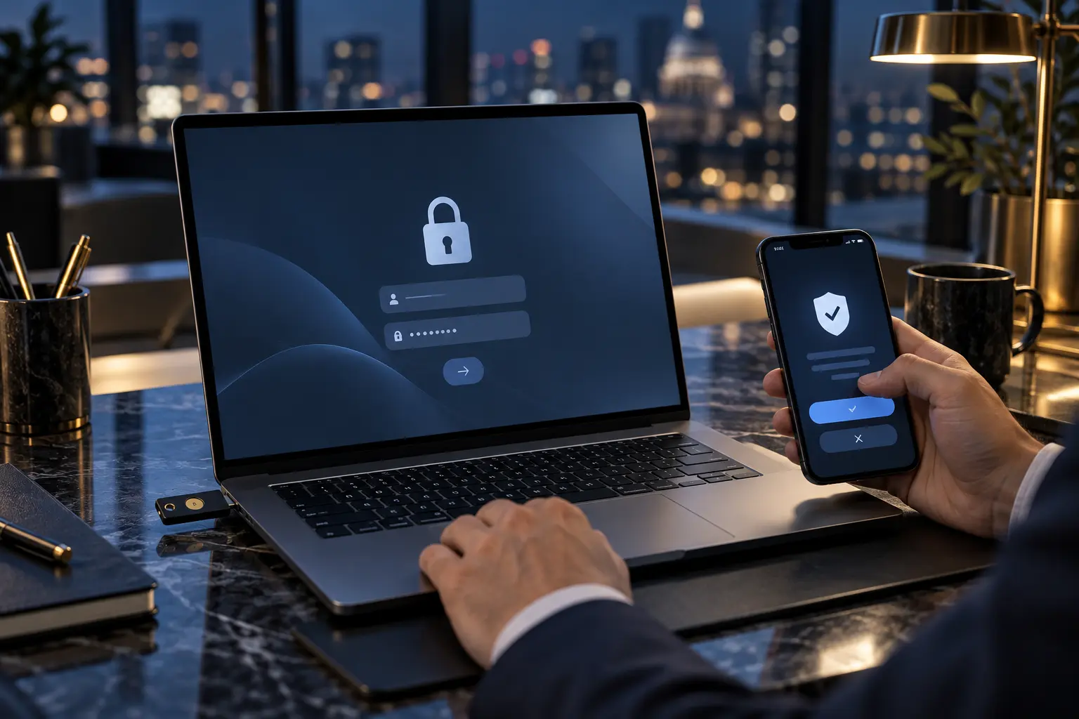 Cybersecurity for small business: a laptop login protected by a security key and phone verification prompt