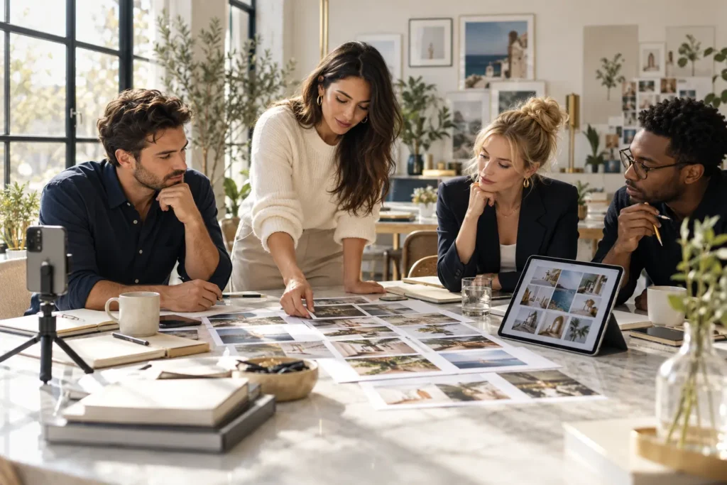 Creative team planning a social media content calendar with printed photo grids and a tablet