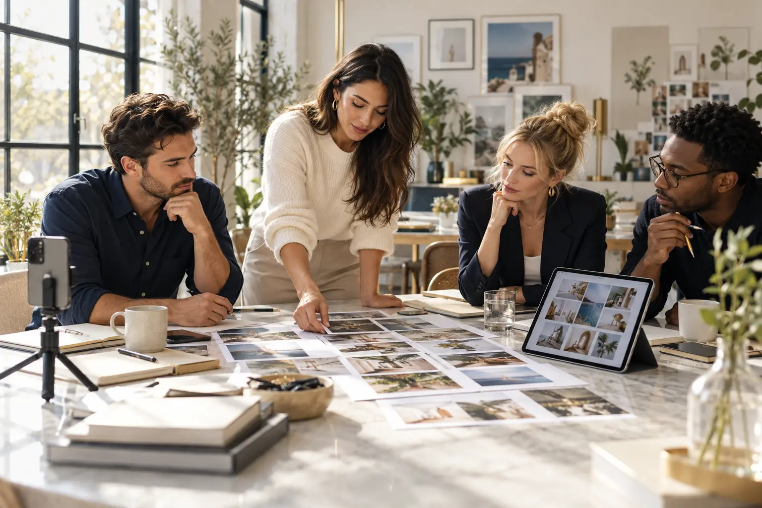 Social media marketing strategy session: a creative team planning a content calendar with printed photo grids and a tablet