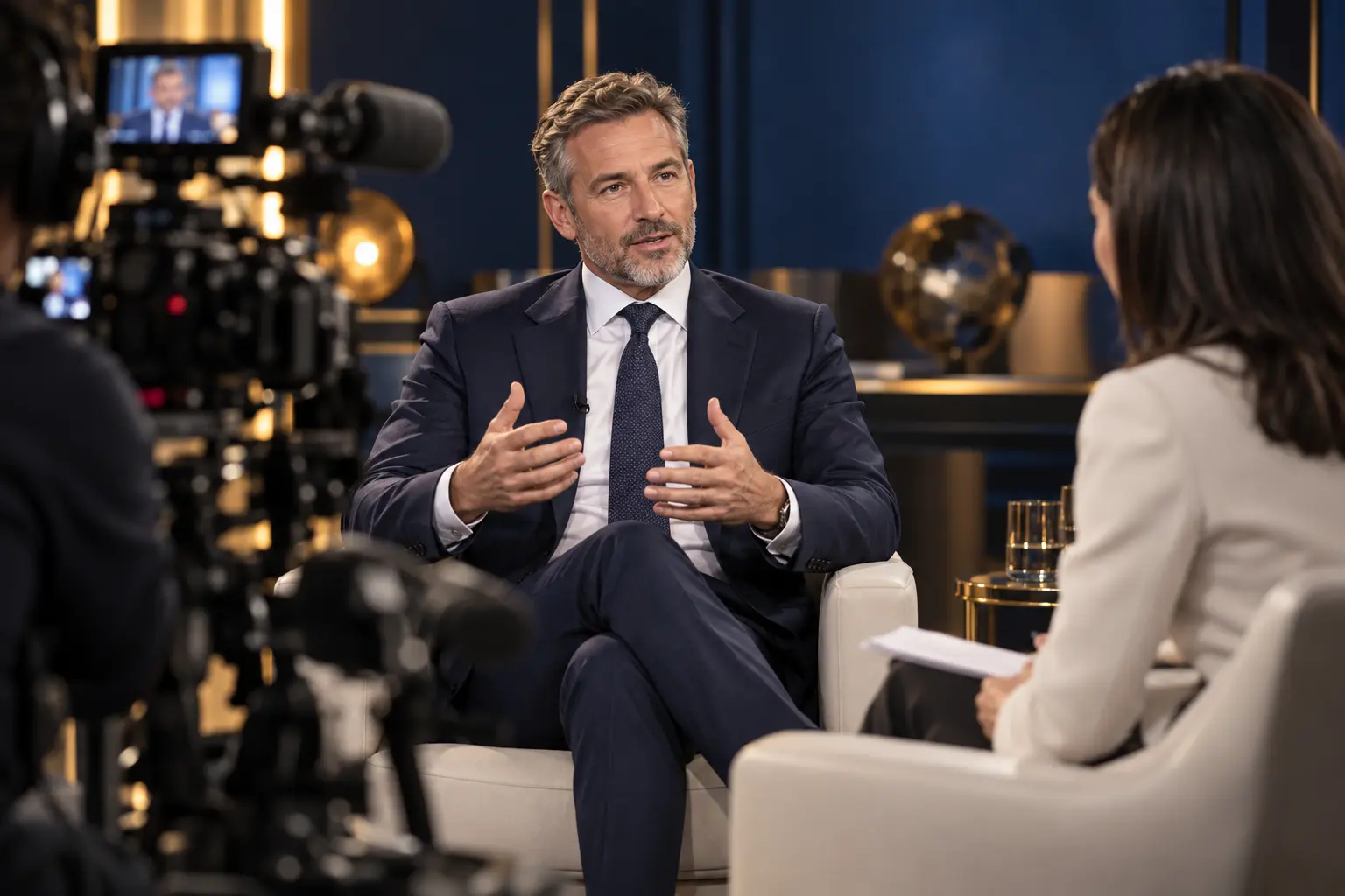Executive giving a press interview to a journalist in a broadcast studio with cameras and microphones