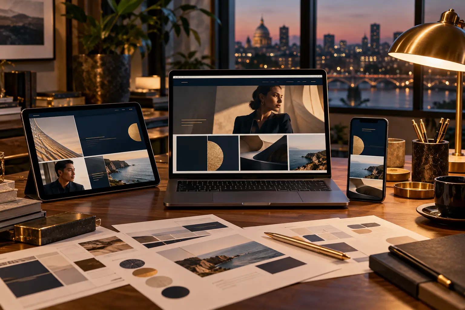 Website design displayed on a laptop, tablet and phone with printed wireframes on a desk at dusk
